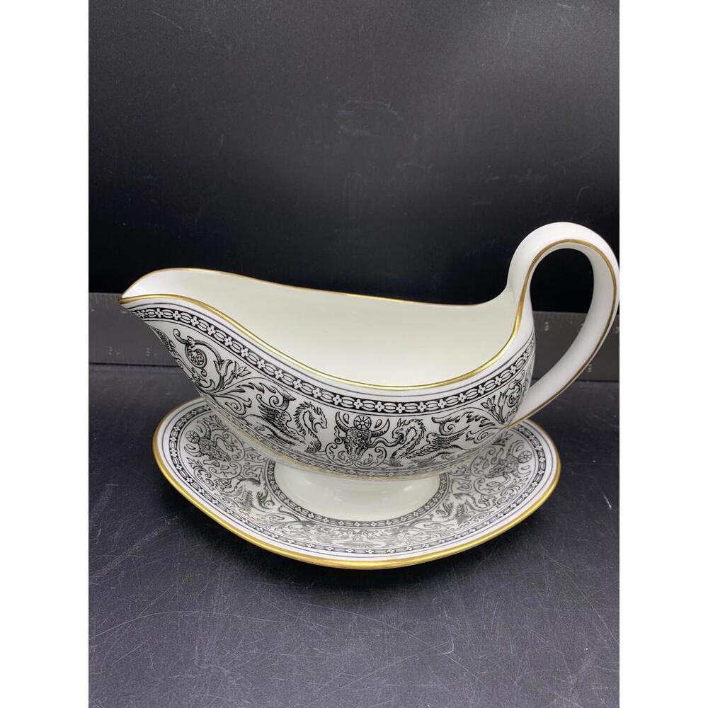 Wedgwood BLACK Florentine W4312 Bone China Gravy Boat Attached Plate Base